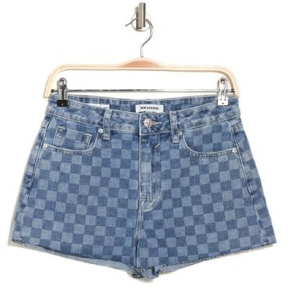 VIGOSS
Checker Print Raw Hem Denim Shorts In Medium Wash